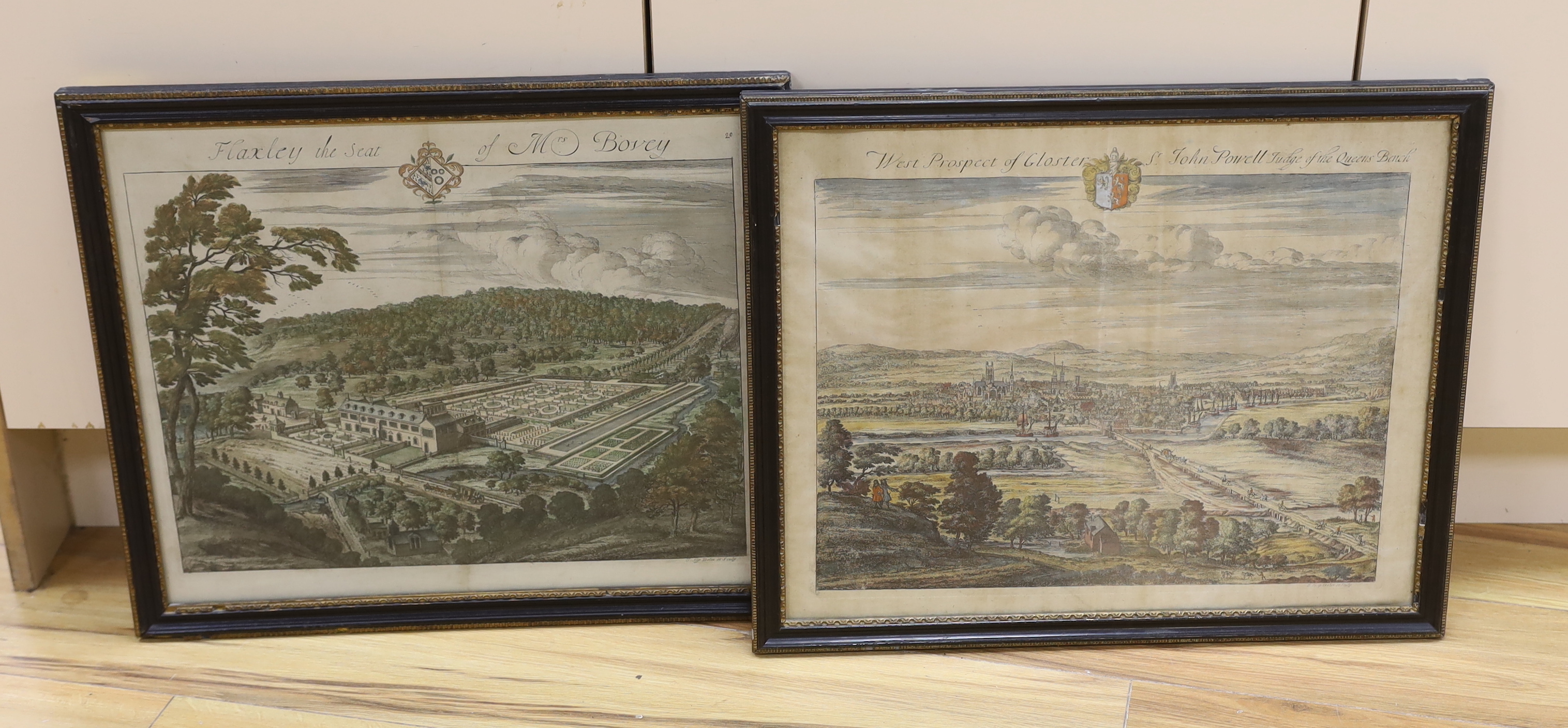 After Johannes Kip (Dutch, 1653-1722), two colour engravings comprising West Prospect of Gloucester and Flaxley, The seat of Mrs Bovey, 38 x 47cm